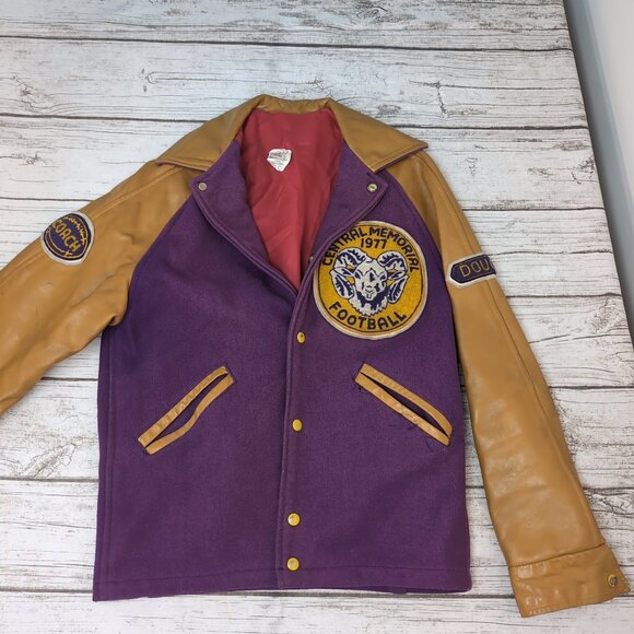 Vintage 1971 Varsity Letterman Jacket Purple Wool Leather Sleeves – Men’s 38 - Picture 1 of 13